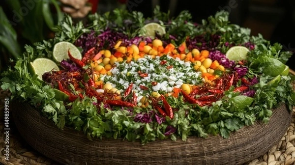 Obraz Colorful and Fresh Vegetable Salad Garnished with Red Peppers