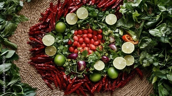 Obraz Colorful Arrangement of Fresh Vegetables and Herbs on Straw Mat