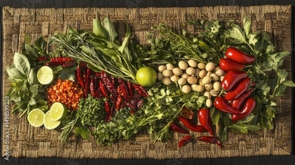 Obraz Fresh Colorful Assortment of Herbs and Spices on Natural Mat