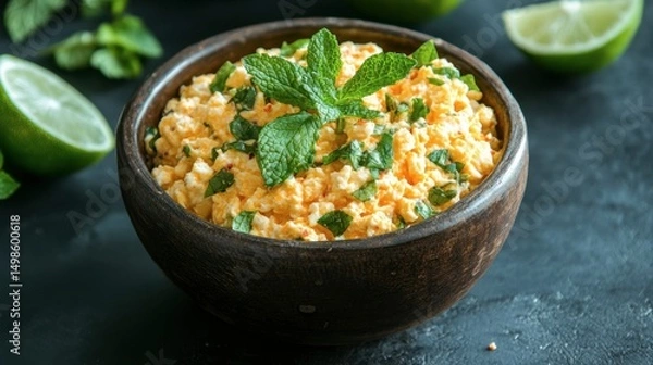 Obraz Fresh Creamy Cottage Cheese with Mint and Lime on Dark Surface