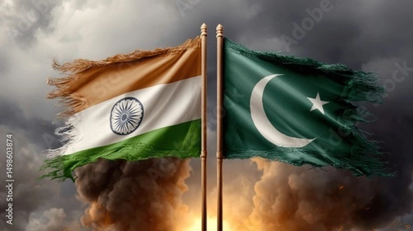 Fototapeta Tattered Indian and Pakistani Flags Fluttering Against Each Other Amid Dark Sky and Rising Smoke