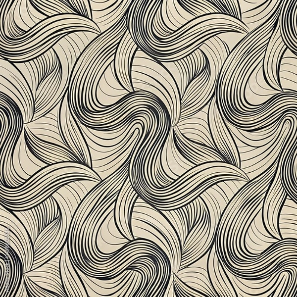 Fototapeta “Repeating abstract line art pattern with continuous curved strokes and scribbles, monochrome black on ivory, minimalist and modern for fashion textiles”

