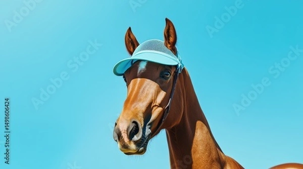Obraz A chestnut horse playfully wears a light blue baseball cap against a vibrant blue sky showcasing equine fashion and summer vibes.