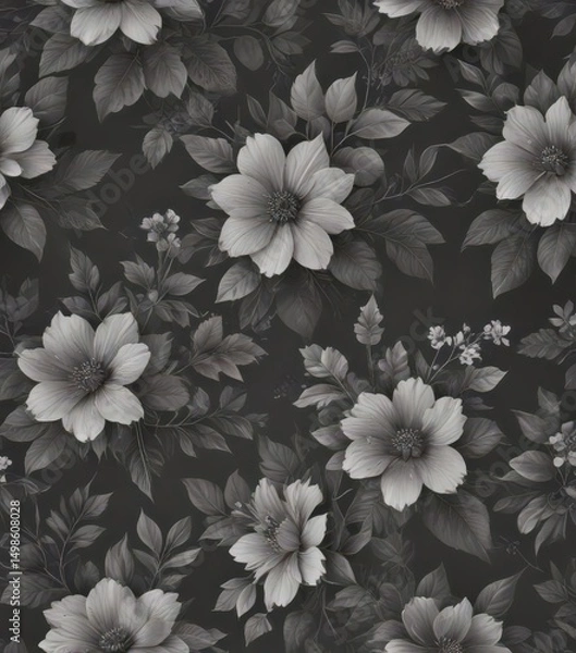 Fototapeta Subtle charcoal floral wallpaper  Delicate blooms and leaves create a seamless pattern , retro, delicate, vintage