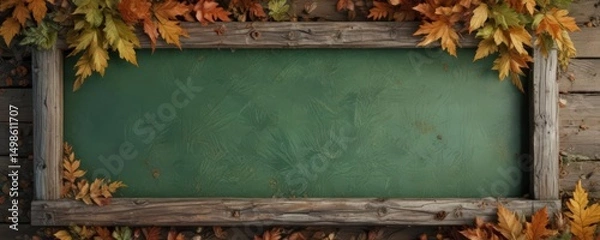 Fototapeta Aged green wood sign, autumn leaves log frame , vintage, background
