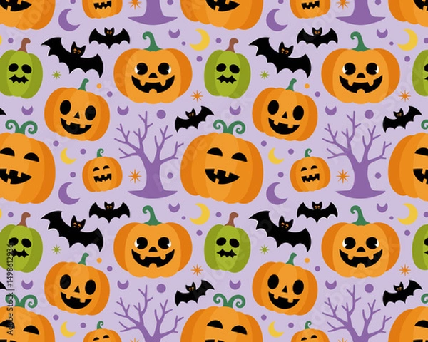 Fototapeta halloween seamless pattern, halloween, pumpkin, vector, autumn, pattern, illustration, seamless, orange, set, holiday, icon, october, celebration, design, cartoon, horror, spooky, fun, face, art, seas