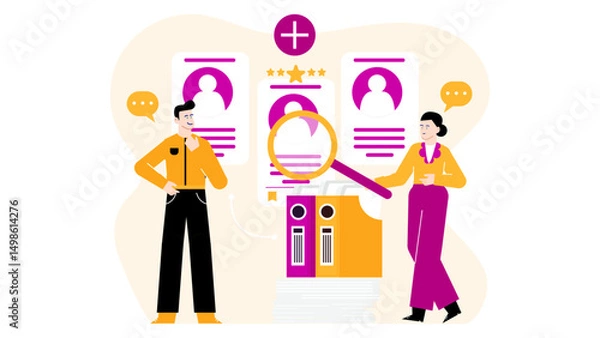 Fototapeta Man and woman in office setting, analyzing resumes and documents. Suitable for HR, recruiting, job search, teamwork, diverse workforce concepts.