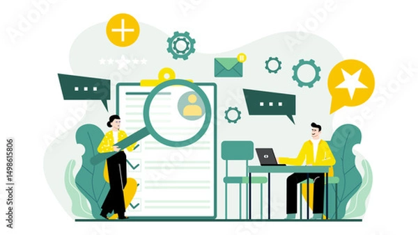 Fototapeta Woman using magnifying glass on checklist, suitable for business and organization concepts, search for details and planning themes.