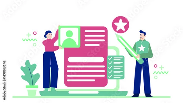 Obraz Two individuals fill out a form with pen and star, suitable for educational, office, paperwork, business concept designs.