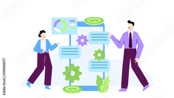 Fototapeta Two people stand near a large phone with gears and dollar signs. Suitable for business communication or financial concepts.