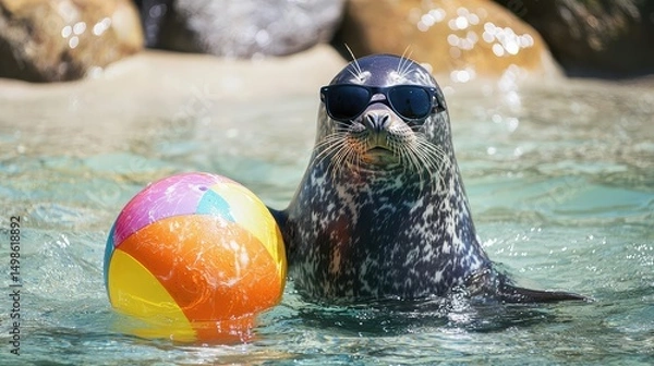 Fototapeta A cheerful seal in sunglasses, playing with a beach ball in the shallow water.