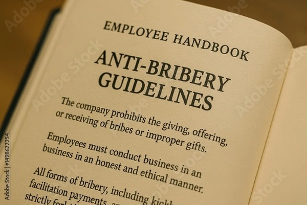 Fototapeta Employee Handbook Open to Anti-Bribery Guidelines with Text on Ethical Business Practices