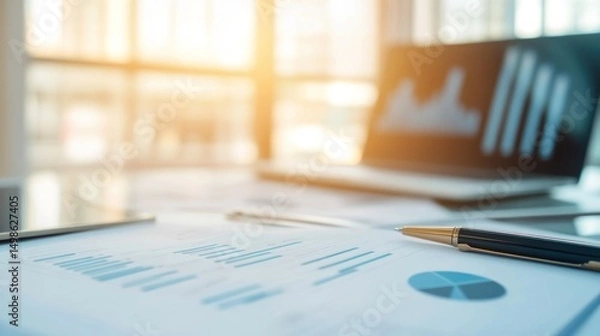 Fototapeta Financial analysis and planning concept showing business data graphs and charts on office desk with laptop and pen