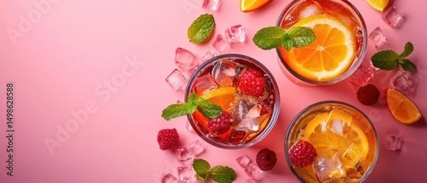 Fototapeta Colorful citrus drinks with ice and mint leaves on a vibrant pink and yellow background. Top view of cocktail decorated with fruit. Flat lay composition with copy space for beverage and summer. AIG55.