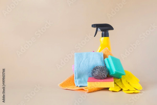 Fototapeta A set of various cleaning products, napkins and gloves to keep the house clean in close-up on a light background of kopi space