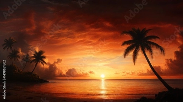 Fototapeta Sunset on a tropical beach with palm trees and ocean view