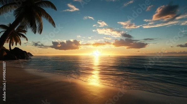 Fototapeta Sunset view over the ocean with waves and orange sky