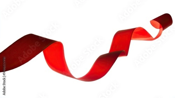 Fototapeta Wavy red ribbon in motion, elegant curves, pure white background -- simplicity in dynamic form