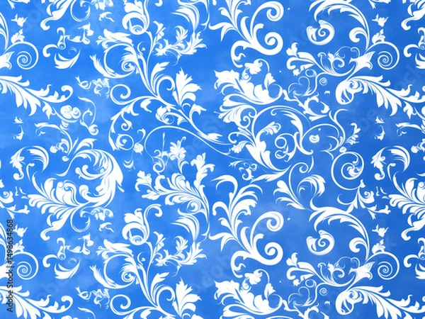 Obraz 青背景に白い唐草模様 エレガントなクラシックパターンの装飾背景
