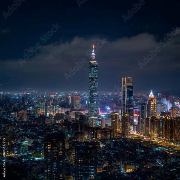 Fototapeta Nighttime Cityscape Of Taipei Taiwan With Illuminated Skyscrapers And Buildings Under Cloudy Sky