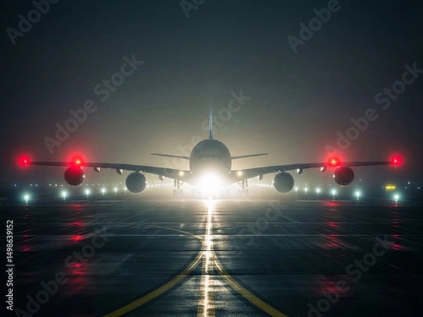 Fototapeta Powerful airplane on runway at night with glowing lights and foggy atmosphere. A dramatic aviation scene ideal for travel, flight, airline, and airport-related content or promotions.