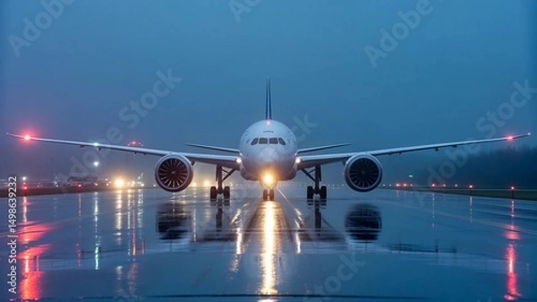 Fototapeta Powerful airplane on runway at night with glowing lights and foggy atmosphere. A dramatic aviation scene ideal for travel, flight, airline, and airport-related content or promotions.