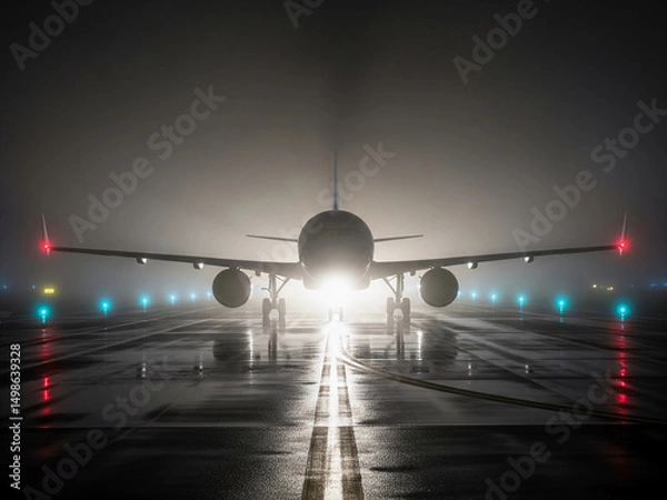 Fototapeta Powerful airplane on runway at night with glowing lights and foggy atmosphere. A dramatic aviation scene ideal for travel, flight, airline, and airport-related content or promotions.