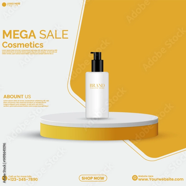 Fototapeta Cosmetics product advertisement poster design with a 3D cylinder podium. Promotional product display showcase design vector in an isolated background. Empty product mockup design template. 