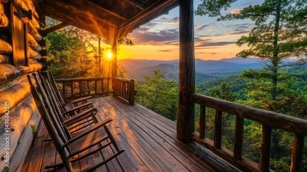 Fototapeta Rustic porch at sunset over Appalachian mountains