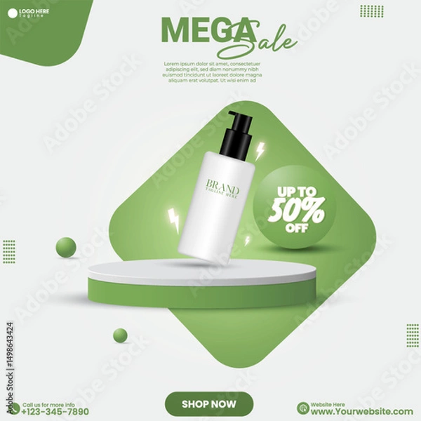 Fototapeta Cosmetics product advertisement poster design with a 3D cylinder podium. Promotional product display showcase design vector in an isolated background. Empty product mockup design template. 