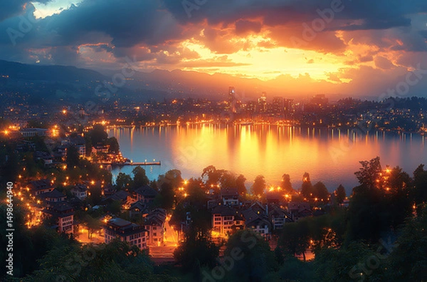 Fototapeta Beautiful Cityscape At Sunset With Lake Reflections And Moody Cloudy Sky