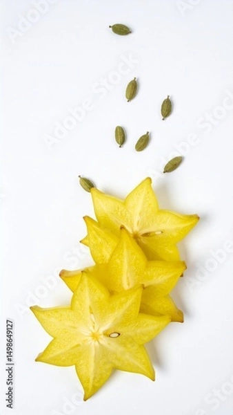 Fototapeta Sliced Starfruit Arranged in Fan Pattern with Cardamom Pods on Isolated White Background Composition