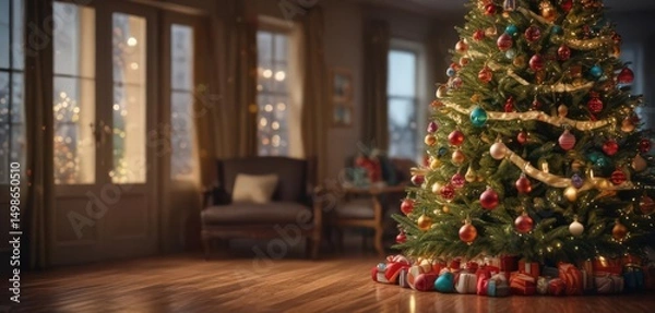 Fototapeta A majestic Christmas tree, glittering with colorful ornaments, bathed in warm, blurry light ,  tree,  merry,  golden lights