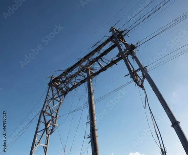 Fototapeta Tall metal structure carrying power lines against a blue sky, support structure, daytime, overhead lines