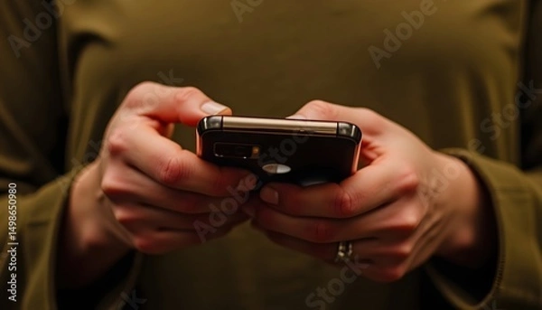 Fototapeta Close up of a woman's hands holding a smartphone with detailed skin
