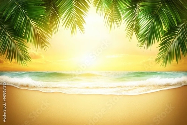 Fototapeta Tropical beach scene at sunrise. Lush palm fronds frame a golden sunrise over a tranquil ocean. Soft waves gently lap on the sandy shore