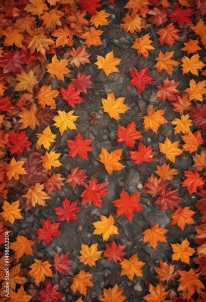 Fototapeta Vibrant red and orange maple leaves scattered on fallen leaves, autumn forest floor ,  maple leaf,  scenery,  outdoor