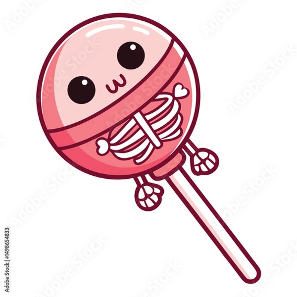 Fototapeta A cute, pastel lollipop transforms halfway into a spooky, kawaii skeletal hand, maintaining a sweet, slightly unsettling aesthetic.