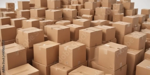 Fototapeta Several brown cardboard boxes arranged on a clean white surface , simple, empty, compostable