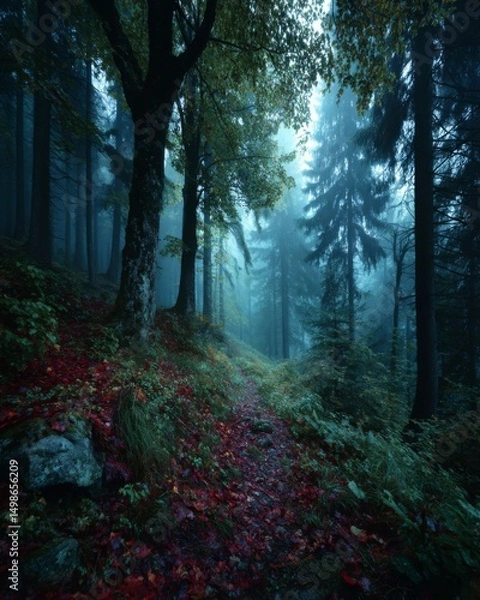 Fototapeta Autumn Forest Path Shrouded in Fog