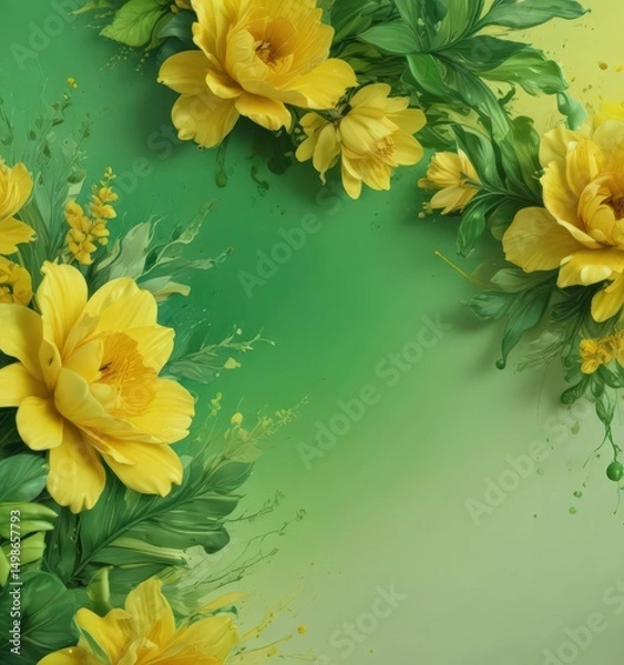 Fototapeta Fluid acrylic paint, green and yellow gradients, floral hints ,  summer background,  flow,  soft