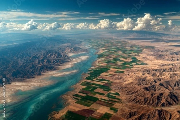 Fototapeta Aerial View of Desert River and Farmland