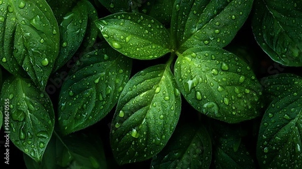 Obraz Fresh Leaves Texture with Rain Droplets : Suitable for Be Used as Background and Content in Any Project (Print, Graphic Design, Blog Posts, Social Media Posts or Website Related to Environment Theme)