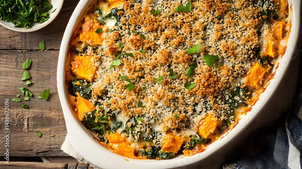 Fototapeta A spinach and sweet potato casserole topped with breadcrumbs and cheese.