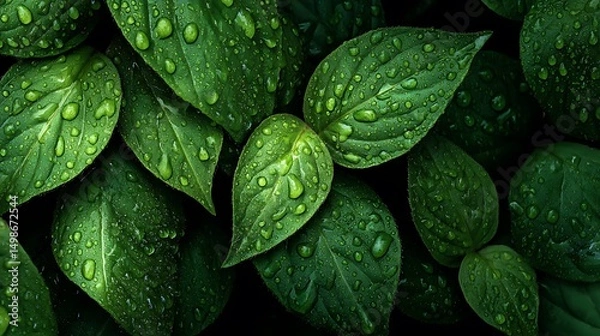 Obraz Fresh Leaves Texture with Rain Droplets : Suitable for Be Used as Background and Content in Any Project (Print, Graphic Design, Blog Posts, Social Media Posts or Website Related to Environment Theme)