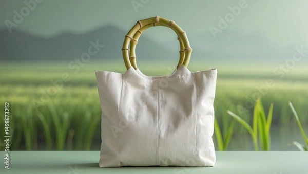 Fototapeta White tote bag with bamboo handles is perfect for fashion, lifestyle and ecofriendly product concepts. Table setting adds a chic touch.