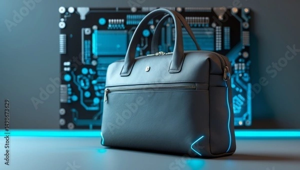 Fototapeta Black leather bag with blue glowing lines against a circuit board. Fashion tech concept for futuristic accessories and innovation backgrounds.