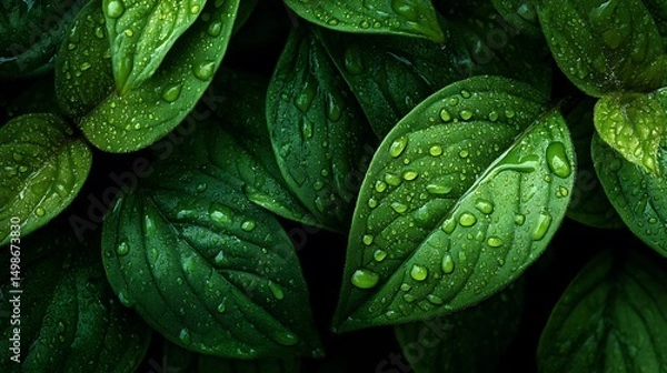Obraz Fresh Leaves Texture with Rain Droplets : Suitable for Be Used as Background and Content in Any Project (Print, Graphic Design, Blog Posts, Social Media Posts or Website Related to Environment Theme)