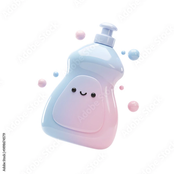 Fototapeta Cute kawaii-style baby soap bottle with a smiling face with colorful bubbles floating around