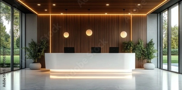Fototapeta modern reception area with sleek white desk illuminated by warm recessed lighting and three pendant lights with indoor plants and large glass windows overlooking greenery